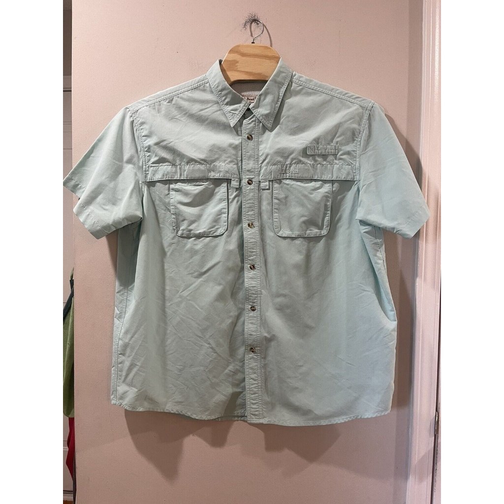 Ll Bean Shirt Mens Xxl Vented Fishing Button Up Teal Short Sleeve